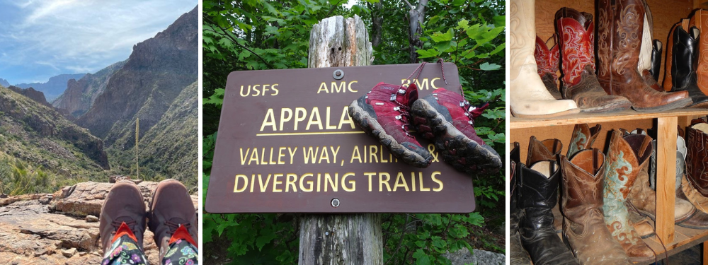 collage of hiking boots with gaiters, and cowboy boots